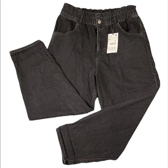 NWT Zara Black Elastic Paper Bag Waist Ultra High Rise 100% Cotton Jeans Size XL - Picture 4 of 16